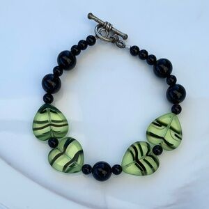 Striped Green Glass Hearts and Black Glass Beads 7” Handmade Bracelet